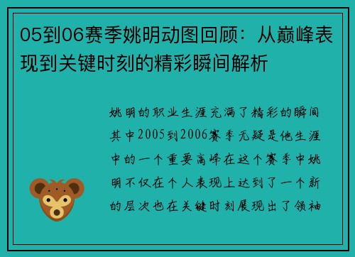 05到06赛季姚明动图回顾：从巅峰表现到关键时刻的精彩瞬间解析