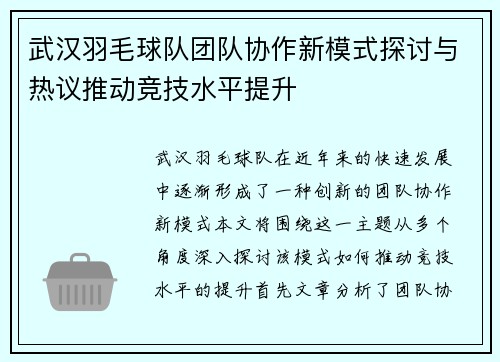 武汉羽毛球队团队协作新模式探讨与热议推动竞技水平提升